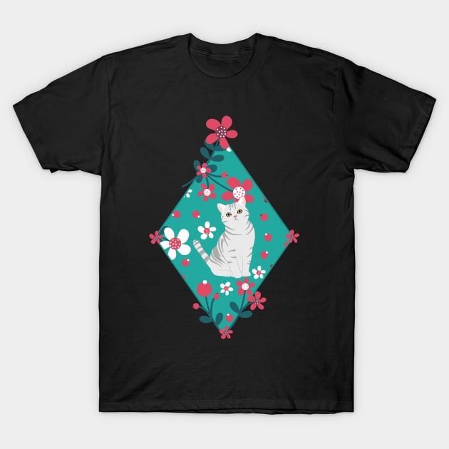 American Shorthair Cat and Flowers - Teal T-Shirt by LulululuPainting